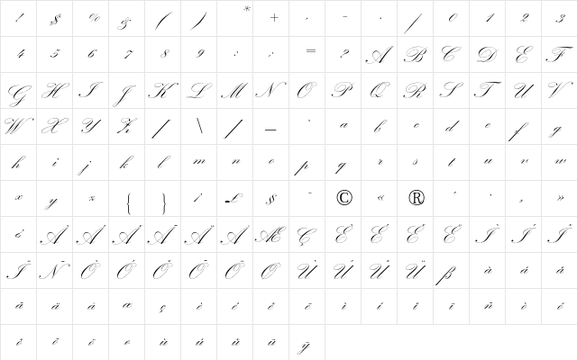 Kuenstler Schreibschrift BQ Regular  glyph index