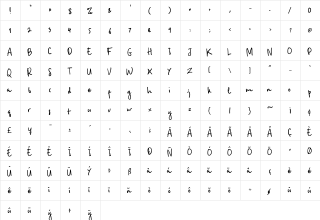 Ameliana Regular  glyph index