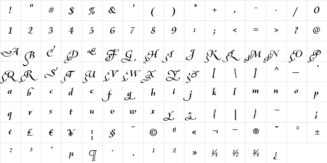 Olietta script-Poesia BoldItalic  glyph index