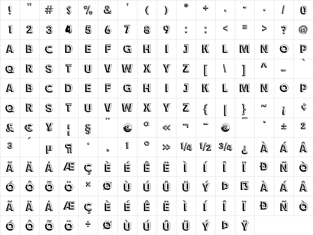 RACE1 Brannt Chiseled NCV Regular  glyph index