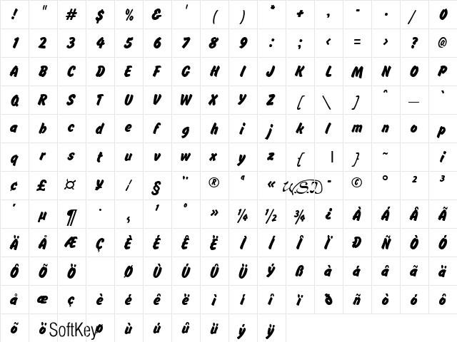 Brush Hand Regular  glyph index