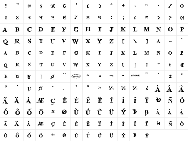 Blood Crow Regular  glyph index