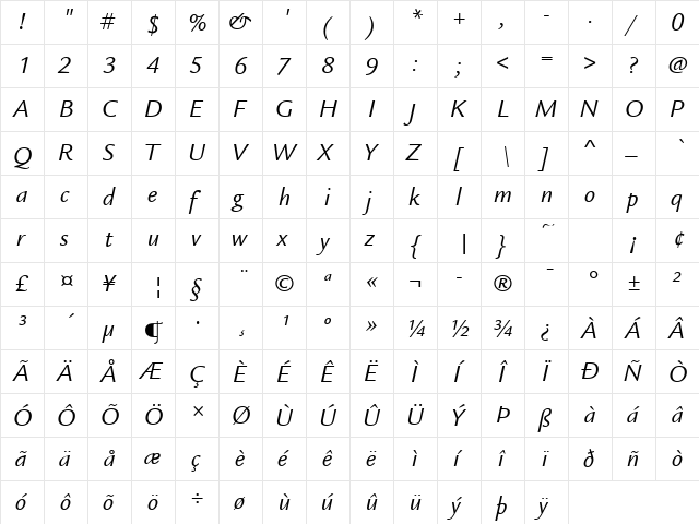 Legacy Sans ITC TT BookItalic  glyph index