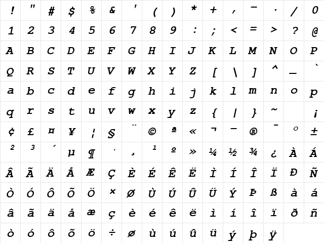FreeMono Bold Oblique  glyph index