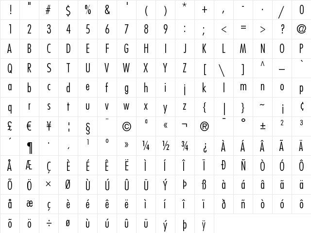 Futura LT CondensedLight  glyph index