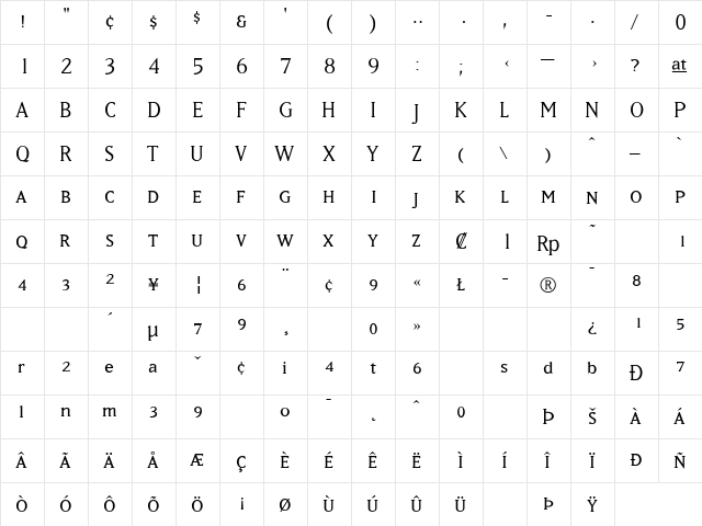 MatrixBookSmallCaps Regular  glyph index