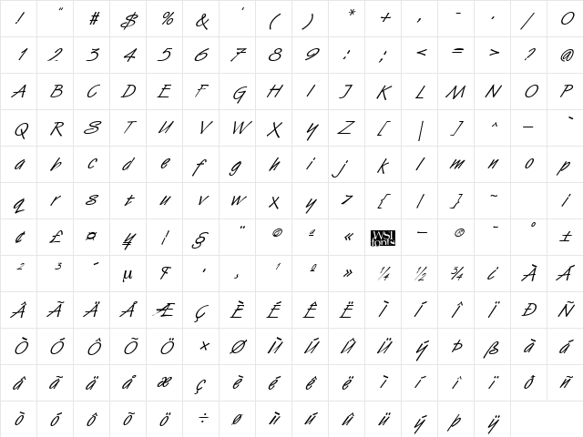 HandStroke Italic  glyph index