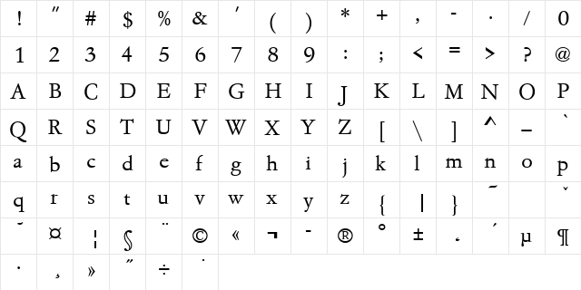 GaramondNo4TEELig Regular  glyph index