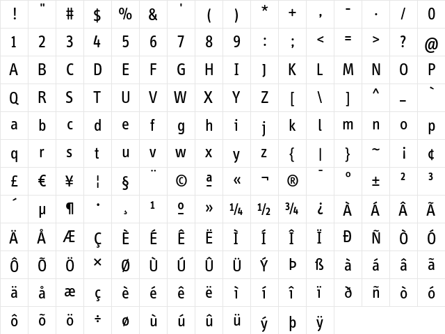 InfoDispBook Roman  glyph index