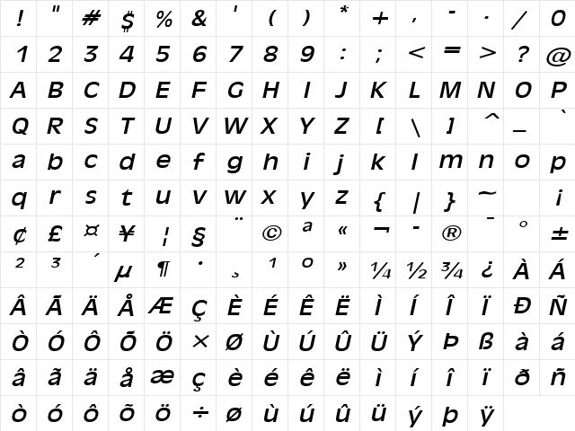 Antiqua 101 Wide Italic  glyph index