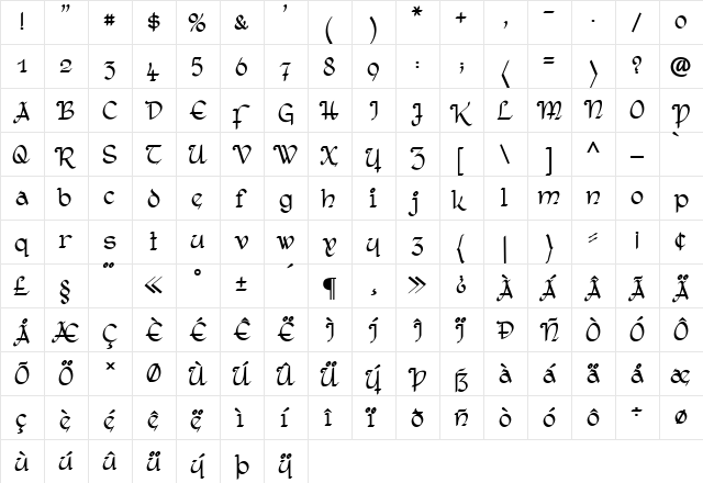 Rostock Kaligraph Regular  glyph index