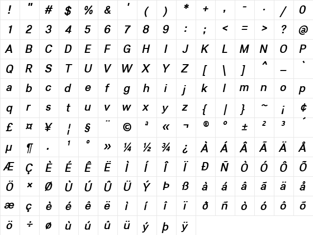 Lunchtype23 Medium Italic  glyph index