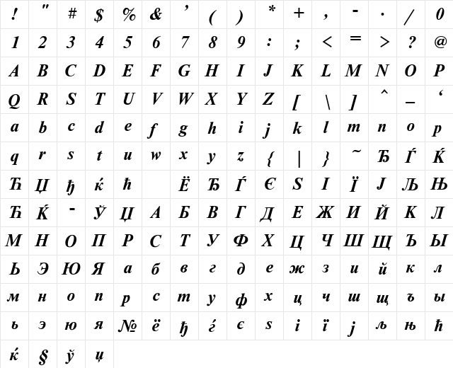 NewtonISOCTT BoldItalic  glyph index