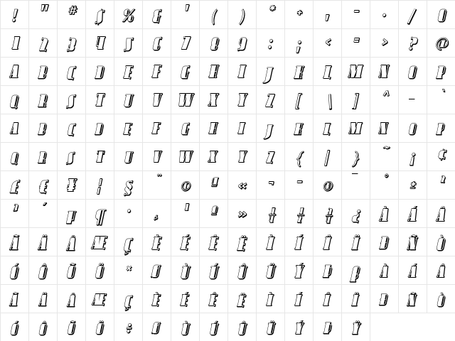 Avondale SC Shaded Italic  glyph index