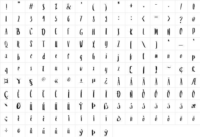 valencia sans Regular  glyph index