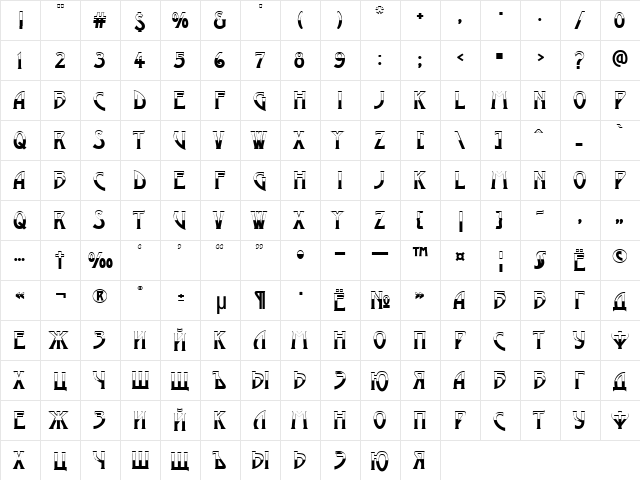 a_ModernoB&W Regular  glyph index