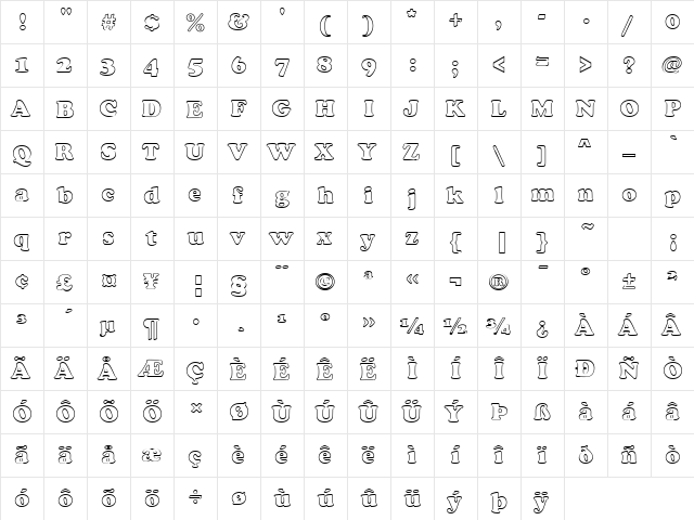 Copper Black Outline Regular  glyph index