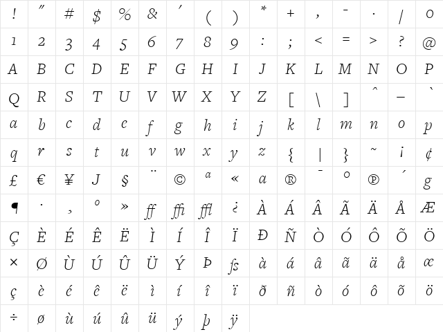 FreightText Light Italic  glyph index