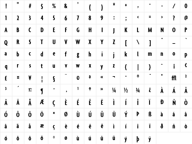 Agenda BoldExtraCondensed  glyph index