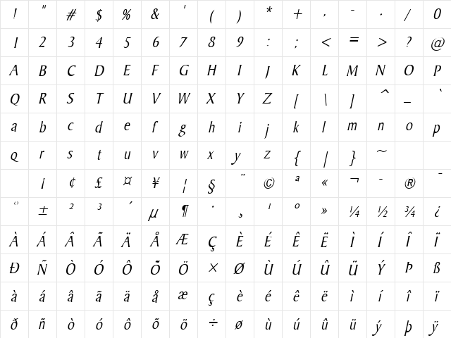 Barrett-Condensed Italic  glyph index