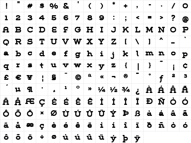 Grover Slab Bold  glyph index