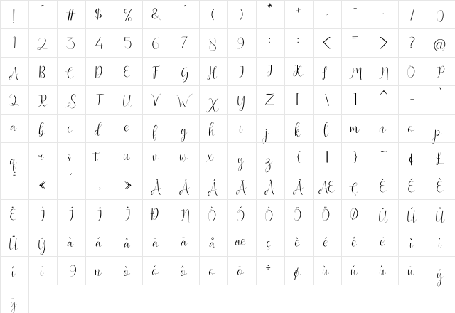 Bentley Script Regular  glyph index