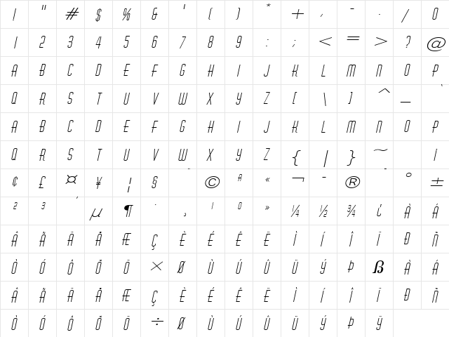 Hustle Wide Italic  glyph index