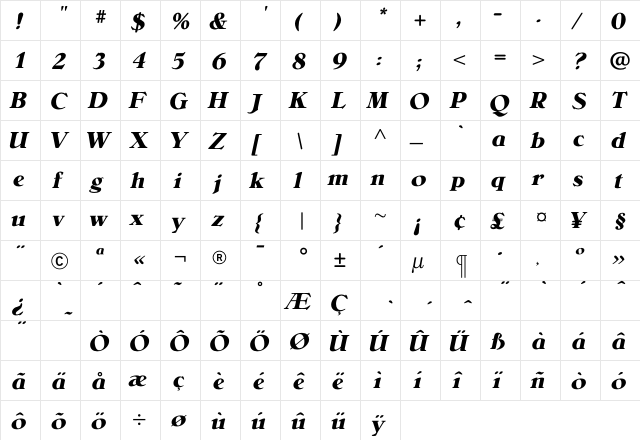 BelliniBoldItalic Regular  glyph index