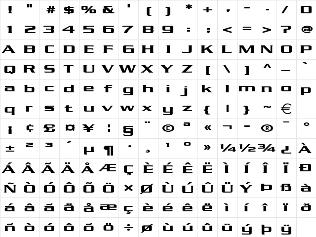 ChaneyExtended Bold  glyph index