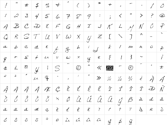 BethanysHand Regular  glyph index