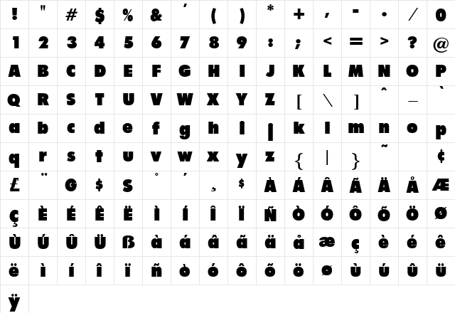 Fusee Bold  glyph index