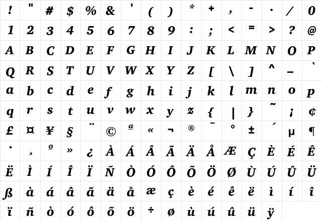 CharterEF BlackItalic  glyph index