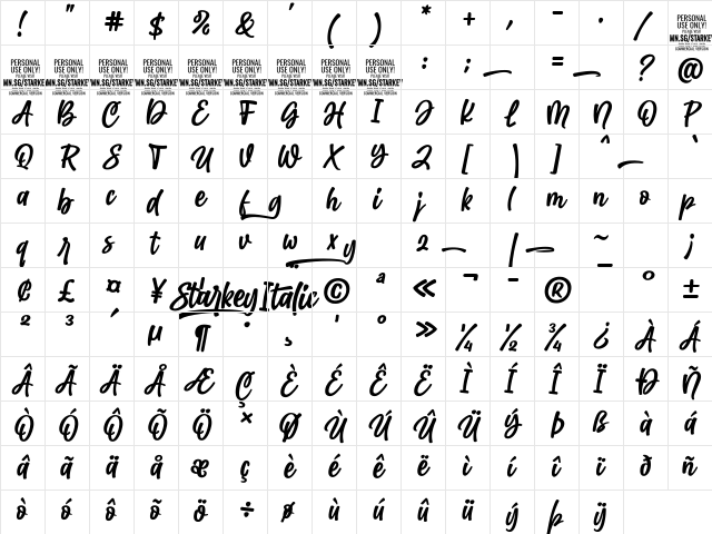 Starkey Italic PERSONAL USE Regular  glyph index