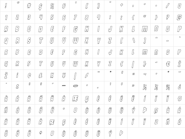 Deathblood Outline Italic Italic  glyph index