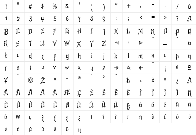 Penciling Regular  glyph index