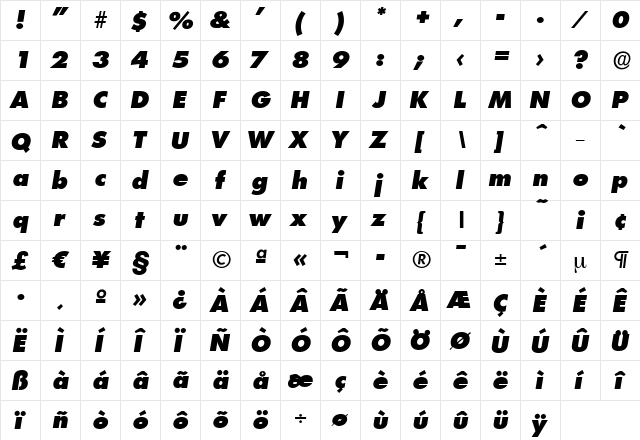 PeterBecker-Heavy Italic  glyph index