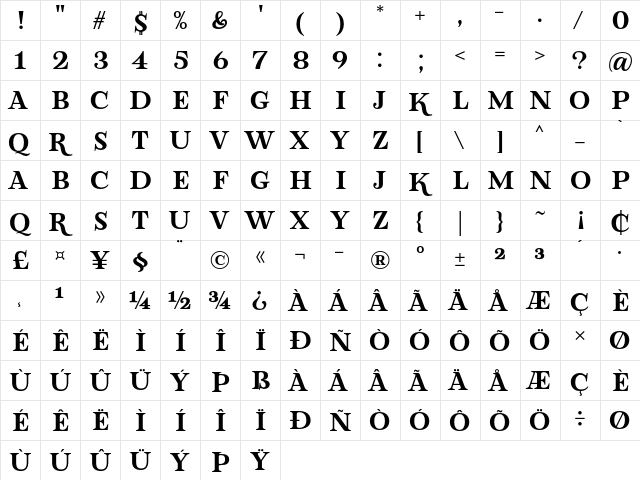 Lova Valove Serif Regular  glyph index