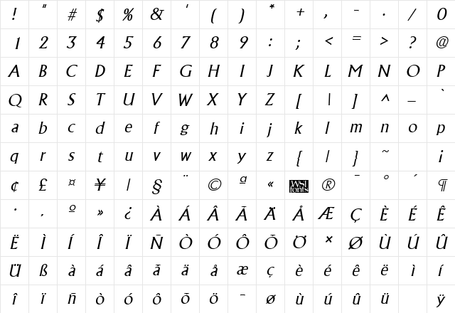 AlbertaLight Italic  glyph index