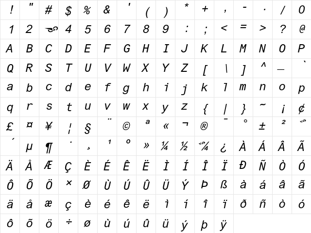 Arial Monospaced MT Italic  glyph index