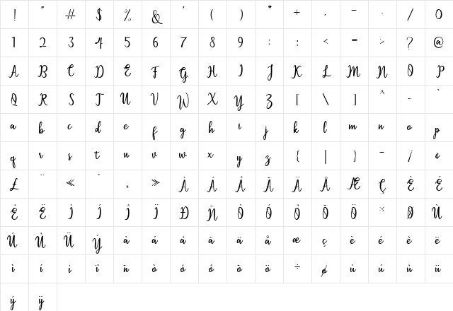 Sallita Regular  glyph index