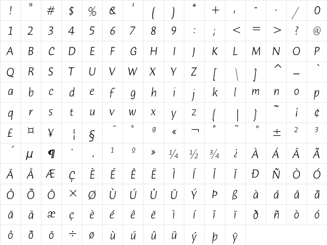 Humana Sans ITC Light Italic  glyph index