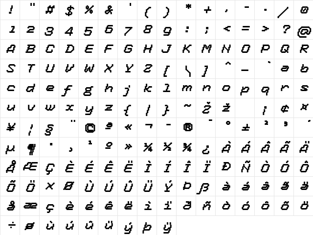 Tronic-MediumItalic Regular  glyph index