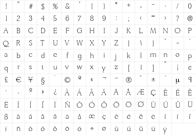 BenjaminBecker-ExtraLight Regular  glyph index