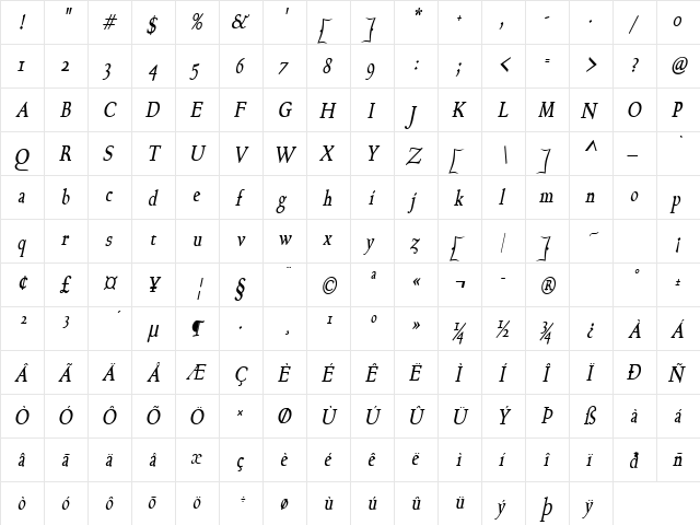 Bravo-Condensed Bold Italic  glyph index