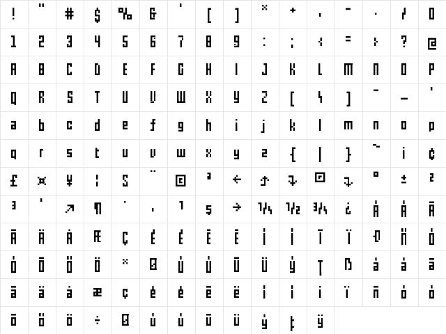 pxl Regular  glyph index