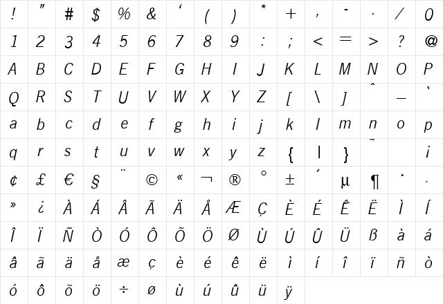N691-Sans Italic  glyph index