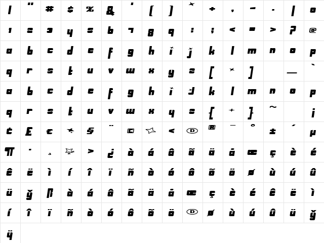 Wiretap Regular  glyph index