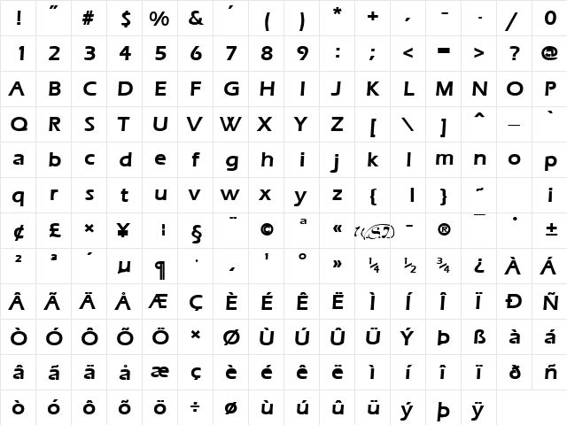 Ergoe-Mild Bold  glyph index