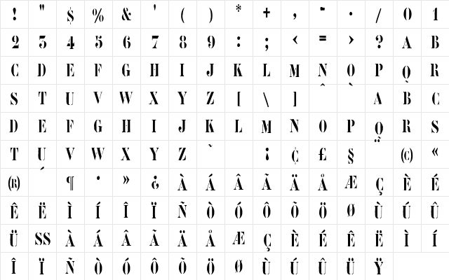 RoadcaseCondensed Regular  glyph index