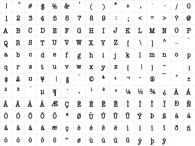 Memo Condensed Bold  glyph index